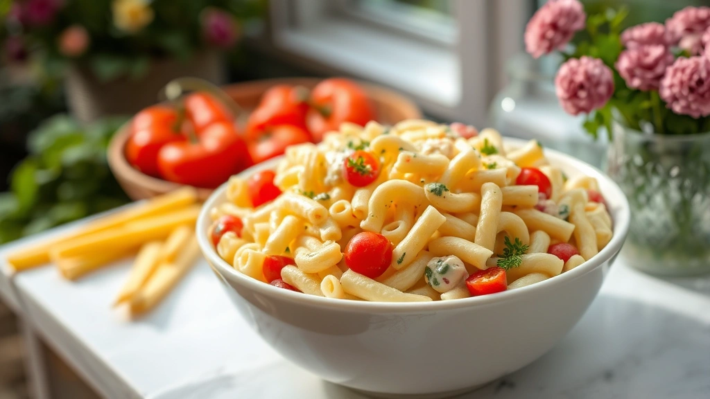 hero: creamy macaroni salad in a white serving bowl with fresh vegetables visible, natural daylight from window, garden party setting