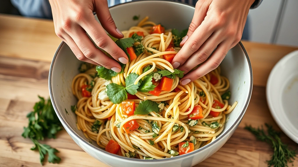 process: hands folding fresh vegetables into creamy dressed pasta in a large mixing bowl, close action shot, natural kitchen lighting, fresh herbs visible, warm and homey atmosphere, no text