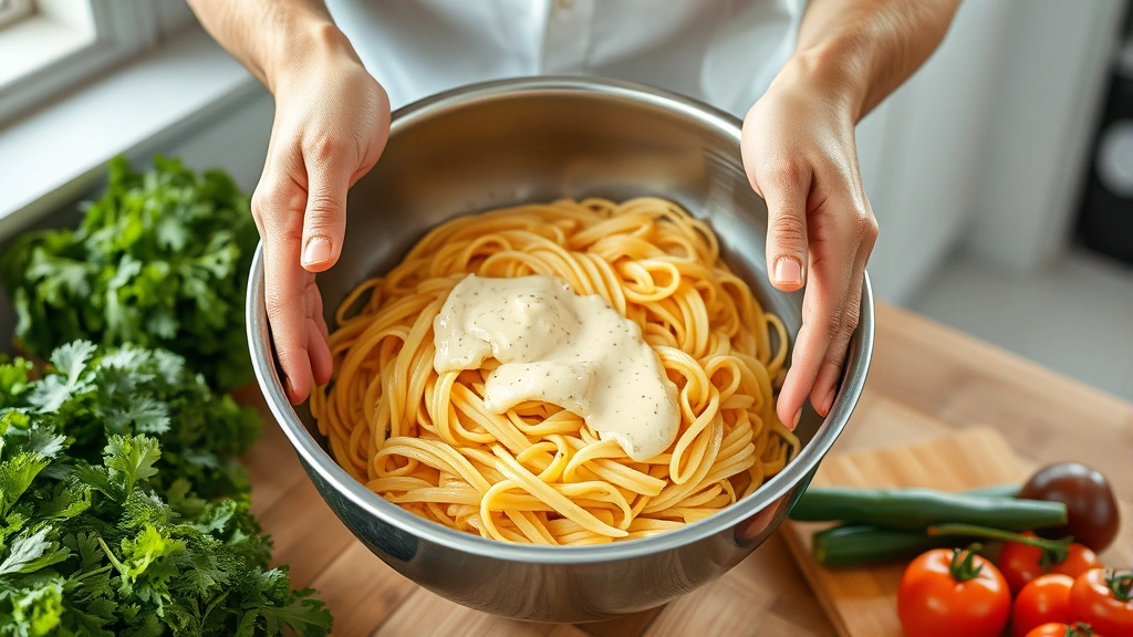 process: hands tossing warm pasta with creamy dressing in large stainless steel mixing bowl, fresh vegetables nearby, bright natural kitchen light, no text