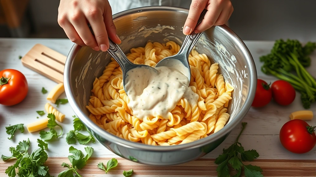 process: hands mixing pasta with creamy dressing in a large stainless steel bowl, fresh vegetables scattered around, bright natural kitchen light, photorealistic, no text
