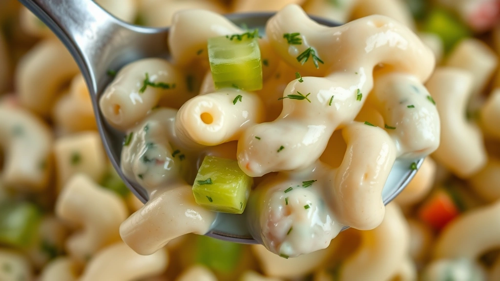 detail: extreme close-up of a spoonful of macaroni salad showing creamy dressing coating pasta, visible diced celery and bell pepper pieces, fresh dill sprinkles, rich and appetizing texture detail, no text