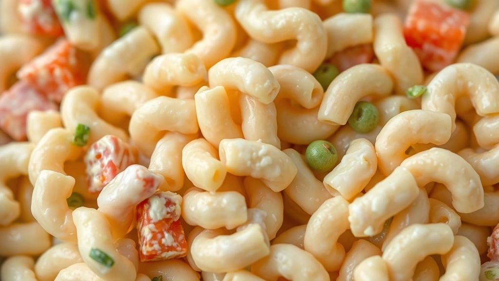 detail: close-up of macaroni salad showing individual pasta pieces coated in creamy dressing, diced vegetables and cheese visible, macro photography style, natural soft light, no text