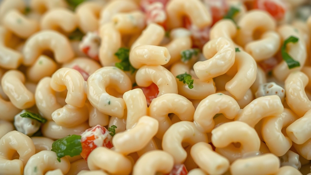 detail: close-up macro shot of macaroni salad showing individual pasta pieces coated in creamy dressing with visible diced vegetables and herbs, shallow depth of field, photorealistic, no text