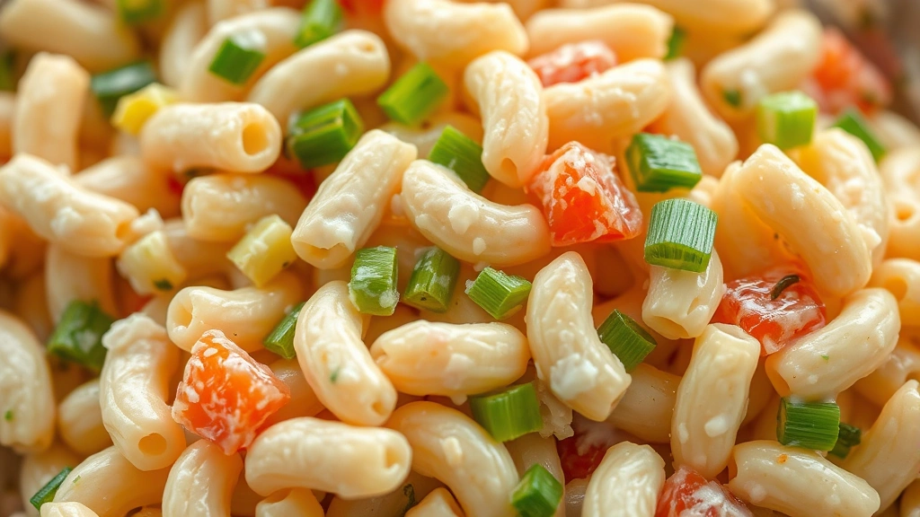 detail: close-up of creamy macaroni salad showing tender pasta coated in dressing with colorful diced vegetables and green onions, macro photography natural light