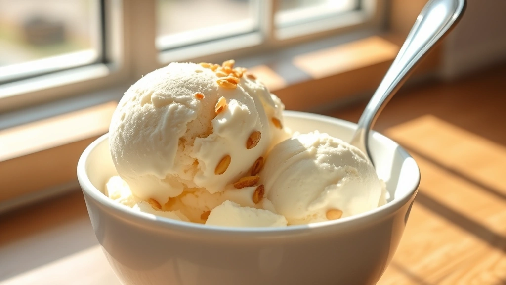 hero: creamy vanilla Ninja Creami ice cream in a white bowl with a silver spoon, photorealistic, natural sunlight streaming through window, no text, garnished with fresh vanilla bean specks