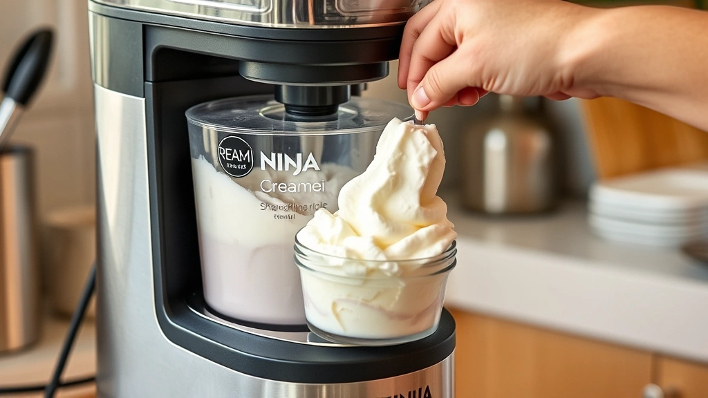 process: hand operating Ninja Creami machine with frozen mixture container inserted, shaved ice cream being dispensed, photorealistic, natural kitchen lighting, no text, action shot