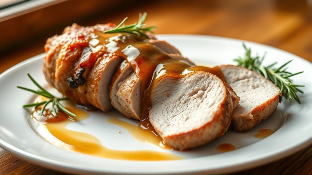 hero: perfectly sliced pork loin roast on white plate with pan sauce drizzled on top, fresh rosemary garnish, golden crust visible on edges, warm natural window light from left, shallow depth of field, professional plating