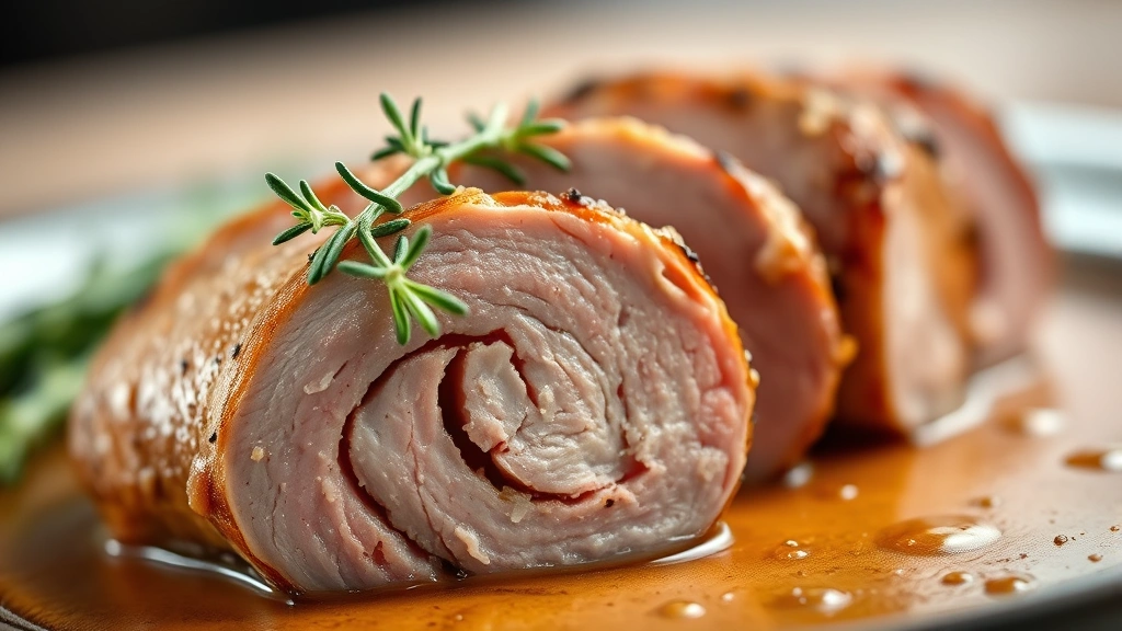 detail: close-up cross-section of sliced pork loin showing perfect pink center and juicy interior, fresh thyme leaf placed on top, shallow depth of field with blurred pan sauce in background, professional food photography lighting