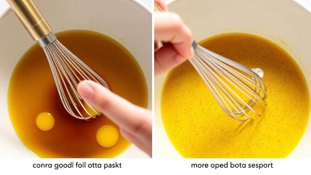 process: whisking olive oil into mustard mixture in ceramic bowl, steady hand motion mid-whisk, close-up showing emulsification, bright kitchen lighting, no text