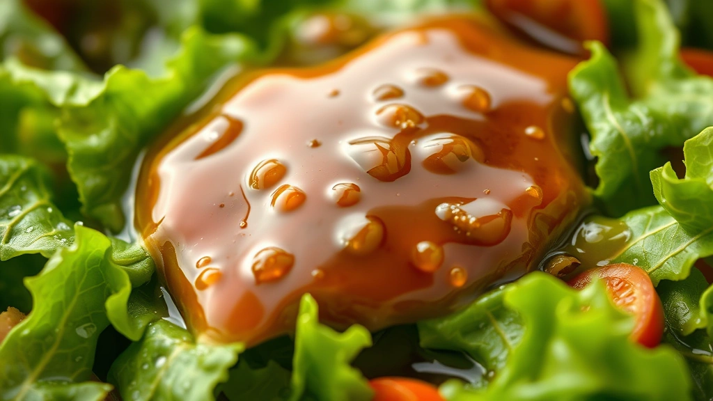 detail: close-up of glossy homemade vinaigrette coating fresh salad leaves, water droplets on greens, shallow depth of field, natural daylight, no text