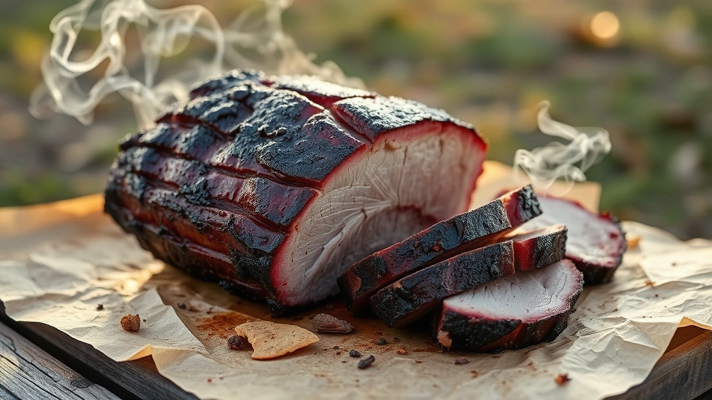 hero: perfectly smoked whole brisket with beautiful dark mahogany bark and visible smoke ring when sliced, resting on kraft paper with smoke wisping around it, natural outdoor lighting, late golden hour, no text