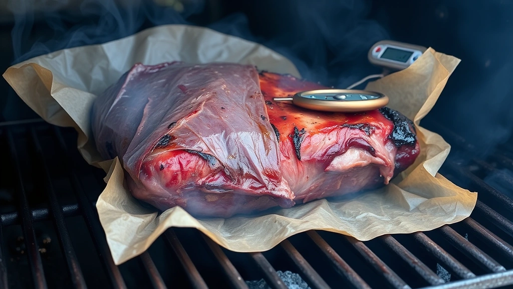 process: brisket wrapped in butcher paper on smoker grates with thin blue smoke, meat thermometer inserted showing temperature, natural lighting, close enough to see details, no text