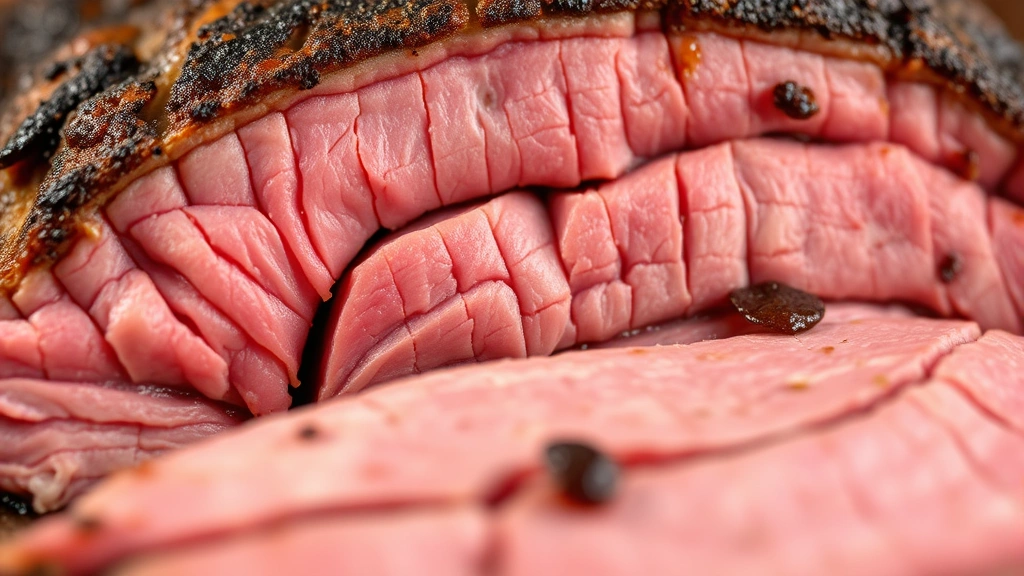 detail: close-up of sliced brisket showing pink smoke ring, tender texture, beautiful grain structure, and juicy interior, shallow depth of field, natural lighting, no text