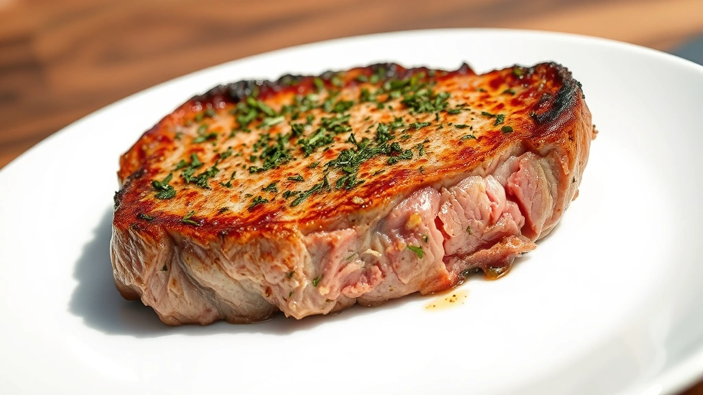 hero: perfectly seasoned steak with golden brown crust, herb-crusted surface, medium-rare interior, on white plate, photorealistic, natural sunlight, no text