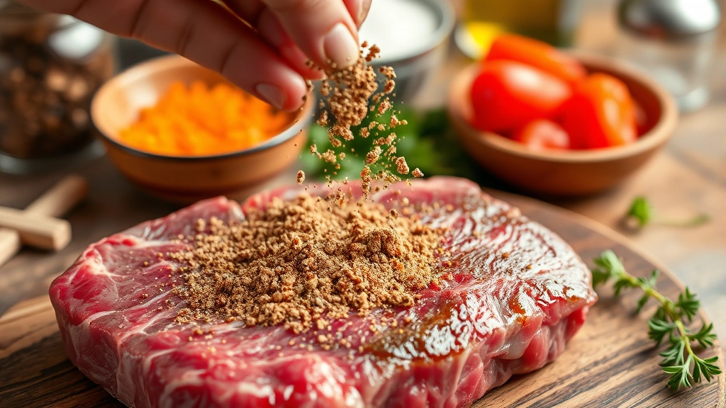 process: hand sprinkling dry rub onto raw steak, ingredients visible in background, close-up action shot, photorealistic, natural light, no text