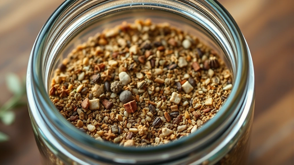 detail: close-up of seasoning blend in glass jar, individual herbs and spices visible, warm natural lighting, shallow depth of field, photorealistic, no text