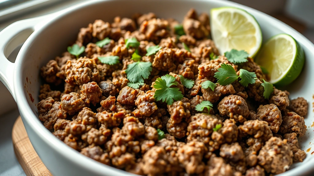 hero: close-up of perfectly browned seasoned ground beef taco meat in a white ceramic skillet with fresh cilantro garnish and lime wedges on the side, photorealistic, natural window lighting, no text, food photography