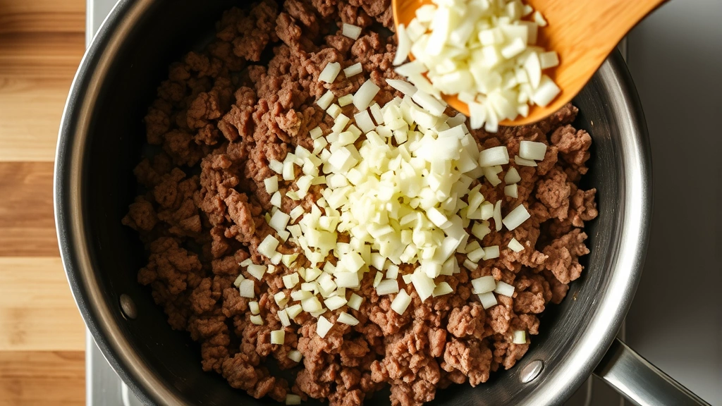 process: overhead shot of diced onions and garlic being added to browned ground beef in a stainless steel skillet, action shot mid-cooking, photorealistic, warm kitchen lighting, no text