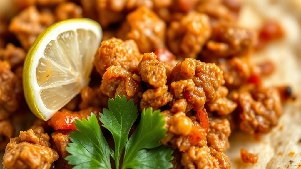 detail: extreme close-up macro shot of cooked taco meat showing texture and seasoning, single lime wedge and fresh cilantro leaf beside it, photorealistic, natural light, no text, food styling