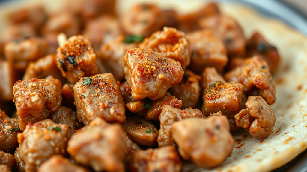 detail: close-up macro shot of perfectly cooked taco meat showing individual pieces coated in spices, photorealistic, natural light, shallow depth of field, no text
