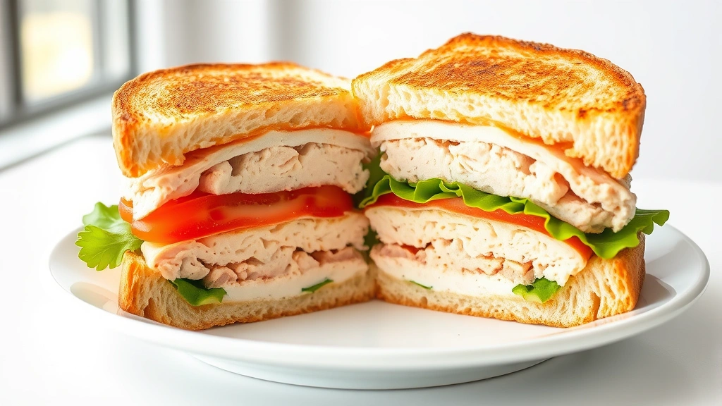 hero: perfectly cut tuna sandwich on white plate showing creamy filling layers with fresh tomato and lettuce, warm crispy golden toast, soft natural window light, clean white background