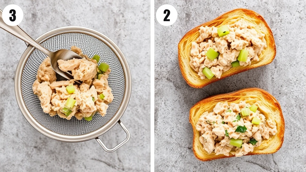 process: draining canned tuna in fine mesh strainer with fork, mixing tuna mayo celery in bowl, spreading filling on toasted bread, overhead flat lay style photography