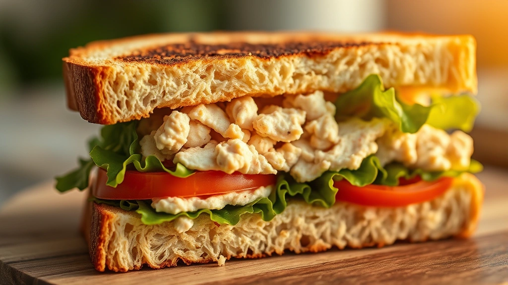 detail: close-up cross-section of tuna sandwich showing layers of creamy filling lettuce tomato on toasted bread, shallow depth of field, golden hour lighting