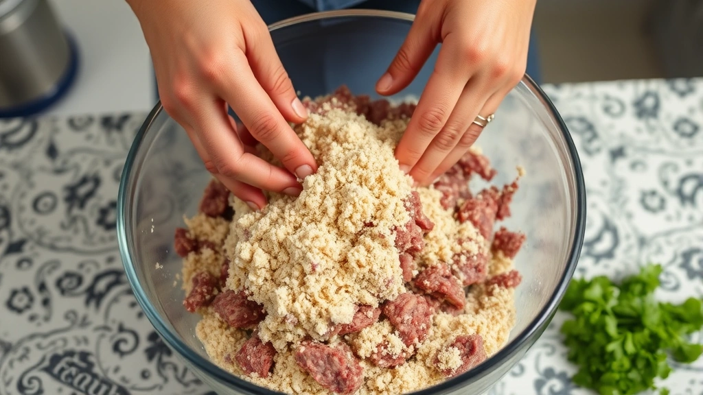 process: hands gently mixing ground beef with breadcrumb mixture in large bowl, photorealistic, bright kitchen counter lighting, no text