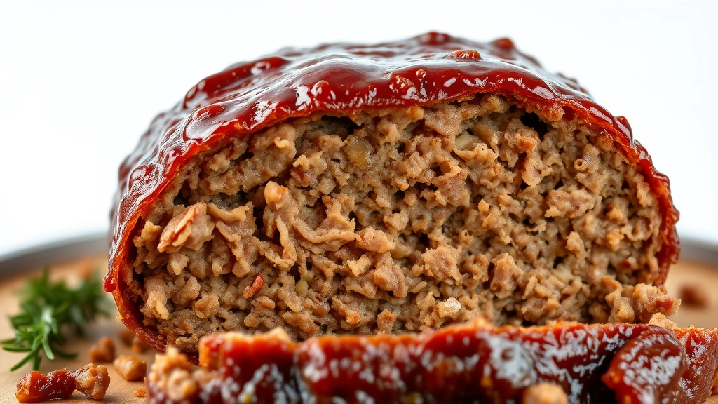 detail: close-up cross-section of perfectly cooked meatloaf showing tender interior texture and glossy caramelized glaze coating, photorealistic, studio lighting, no text