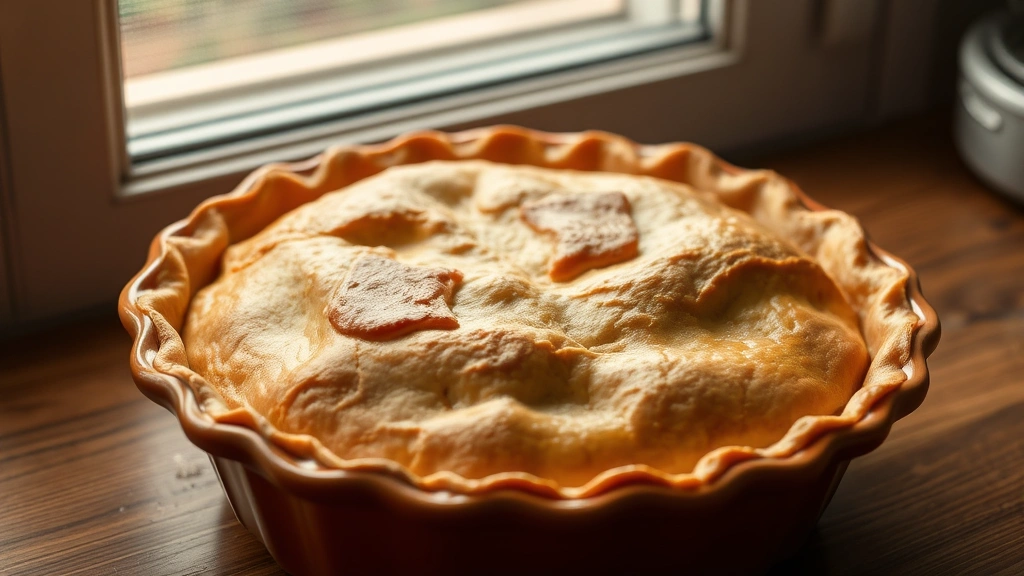 hero: golden-brown baked pie crust in a ceramic pie dish, photorealistic, natural window light, crispy flaky texture visible, no text