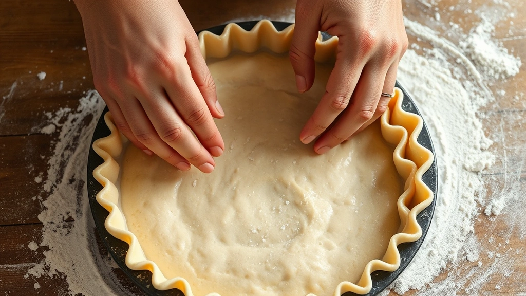 process: hands crimping the edges of raw pie dough in a pie pan, photorealistic, natural light, flour dust visible, no text