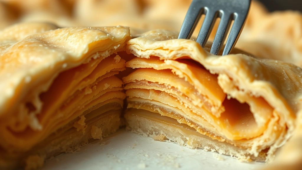 detail: close-up cross-section of baked pie crust showing flaky layers, photorealistic, natural light, fork visible, no text