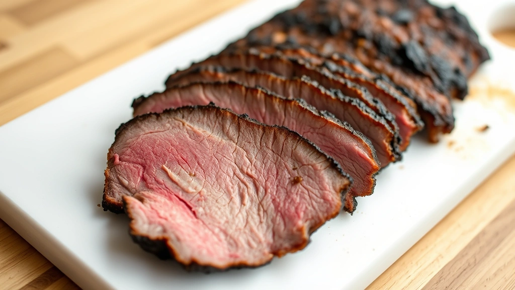 hero: perfectly sliced smoked brisket with dark bark and pink smoke ring on white cutting board, natural daylight, shallow depth of field, appetizing presentation