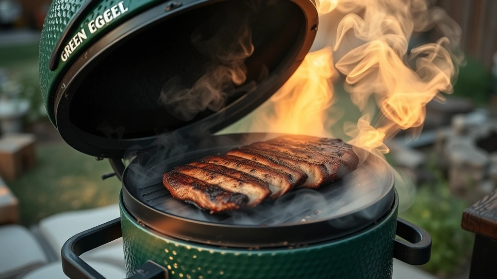 process: Big Green Egg smoker with brisket cooking inside, smoke billowing, outdoor backyard setting, golden hour lighting, natural documentary style