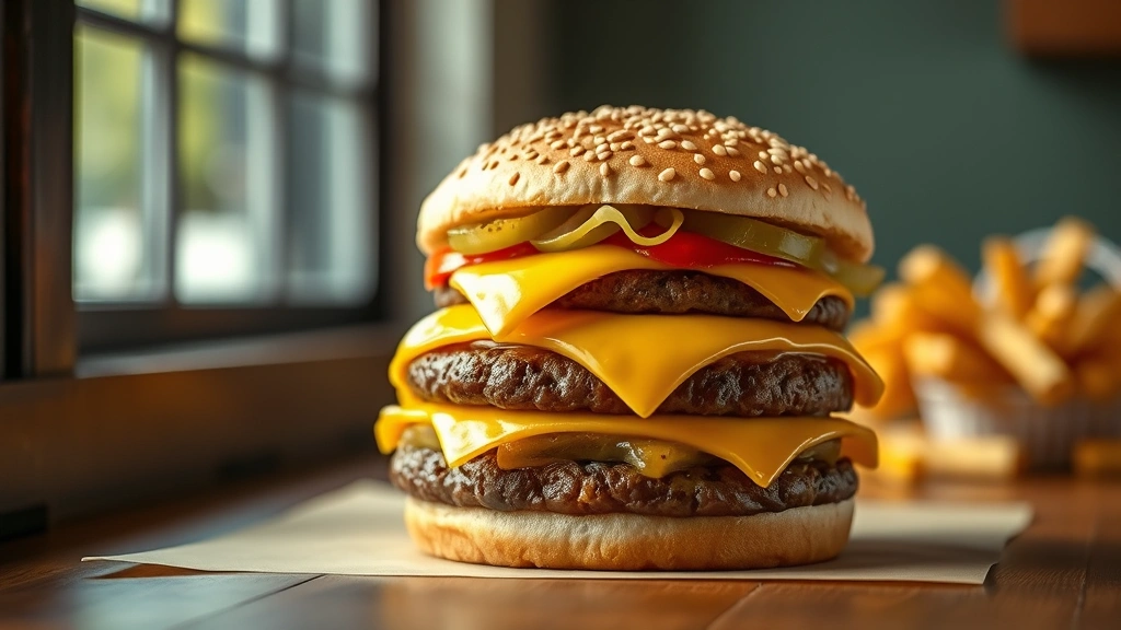 hero: perfectly stacked Big Mac with sesame seed buns, two beef patties with melted cheese, crisp lettuce, pickles and onions visible, special sauce glistening, photorealistic, natural window light, no text, slightly angled view showing all layers