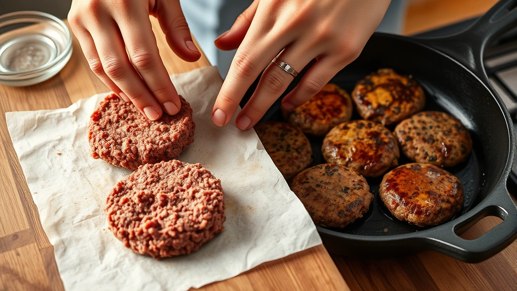 process: hands forming ground beef into thin patties on parchment paper, cast iron skillet with sizzling beef patties in background, photorealistic, natural kitchen light, no text, action shot