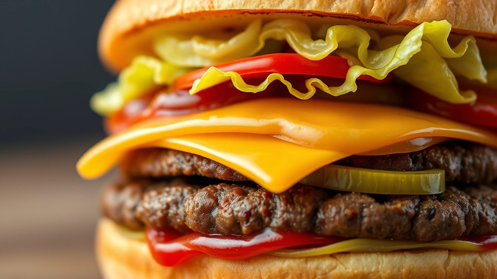 detail: close-up cross-section of Big Mac showing all layers—sesame bun, sauce, lettuce, beef patty, cheese, middle bun, pickles, second patty—photorealistic macro photography, natural light, no text