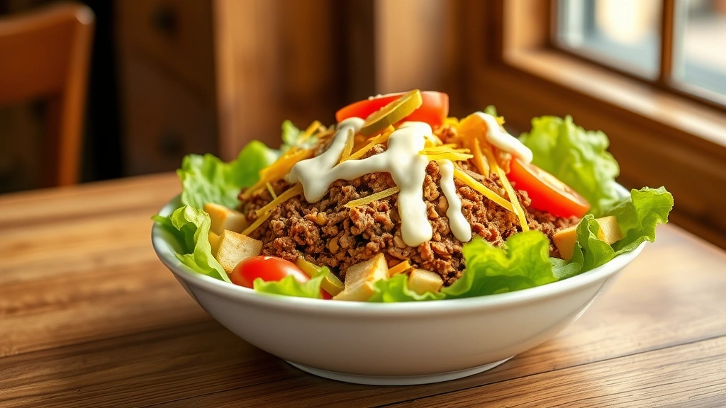 hero: Big Mac salad in white bowl, crispy romaine lettuce base, seasoned ground beef, shredded cheddar cheese, American cheese, dill pickles, cherry tomatoes, sesame seed bun pieces, creamy special sauce drizzled on top, photorealistic, natural window light, wooden table background, no text, styled food photography
