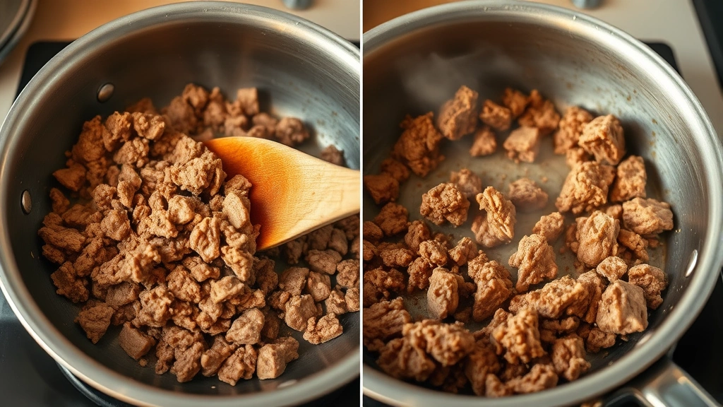 process: ground beef cooking in stainless steel skillet, meat browning and crumbling with wooden spoon, steam rising, golden-brown cooked beef, photorealistic, warm kitchen lighting, no text