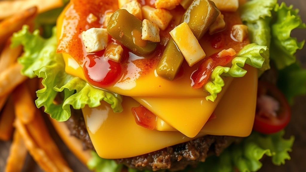 detail: close-up overhead view of assembled Big Mac salad, layers of crispy lettuce, warm beef, melted cheeses, fresh pickles and tomatoes visible, special sauce coating ingredients, photorealistic, natural bright light, shallow depth of field, no text