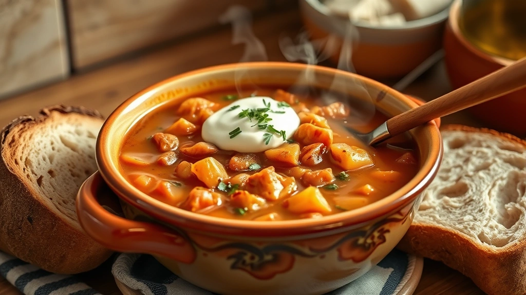 hero: steaming bowl of bigos stew with sour cream dollop and fresh herbs, Polish pottery bowl, wooden spoon, crusty rye bread beside, warm kitchen lighting, steam rising, cozy rustic setting, no text