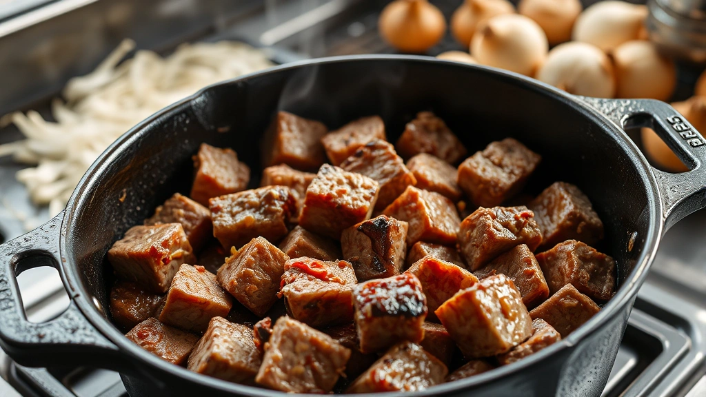 process: browning meat cubes in cast iron Dutch oven with caramelized crust, onions and garlic cooking in background, natural window light, no text