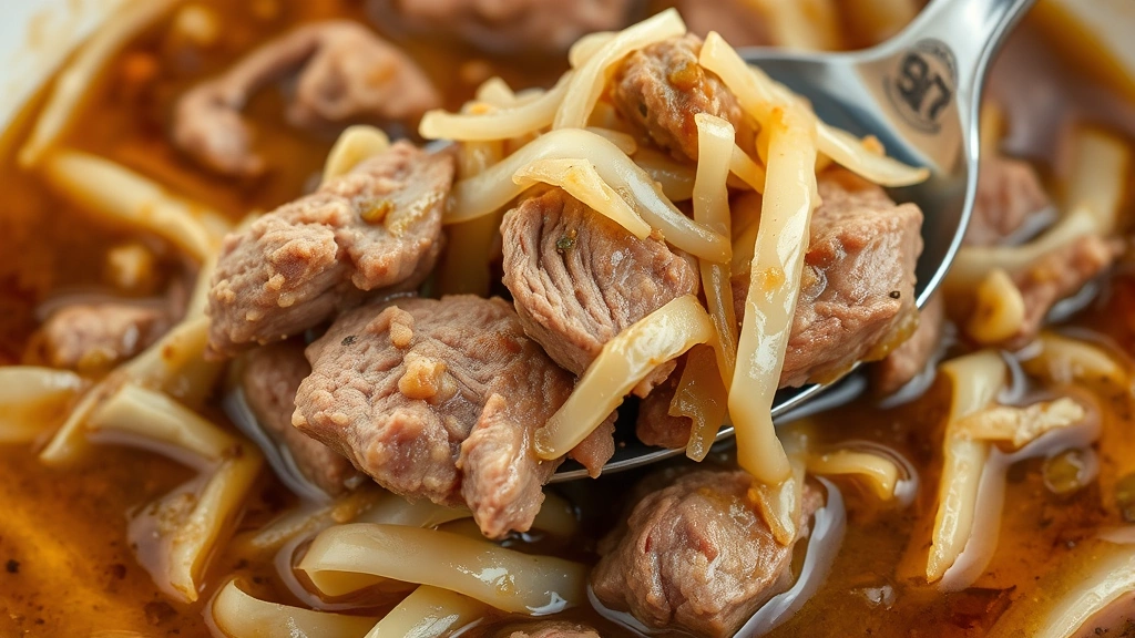 detail: close-up cross-section of bigos showing tender meat, shredded cabbage, sauerkraut, and rich broth, spoon lifting portion, natural lighting highlighting textures, no text