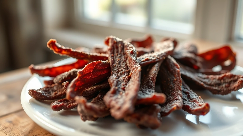 hero: finished biltong strips draped over a white ceramic plate, rich deep brown color, warm natural window light streaming across, rustic wooden table surface, close enough to see the spice coating