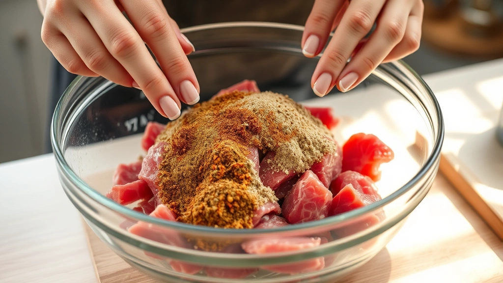 process: hands layering sliced raw beef with spice mixture in a glass bowl, mid-preparation, natural kitchen light, focus on the spices and meat interaction