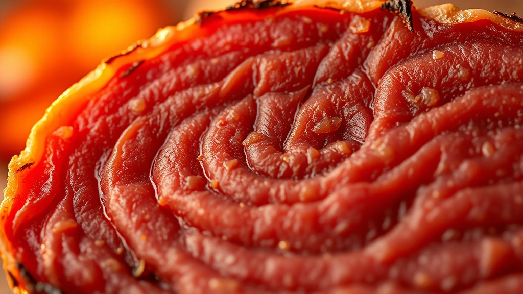 detail: close-up macro shot of finished biltong cross-section showing texture and color, shallow depth of field, warm golden hour lighting highlighting the meat fibers