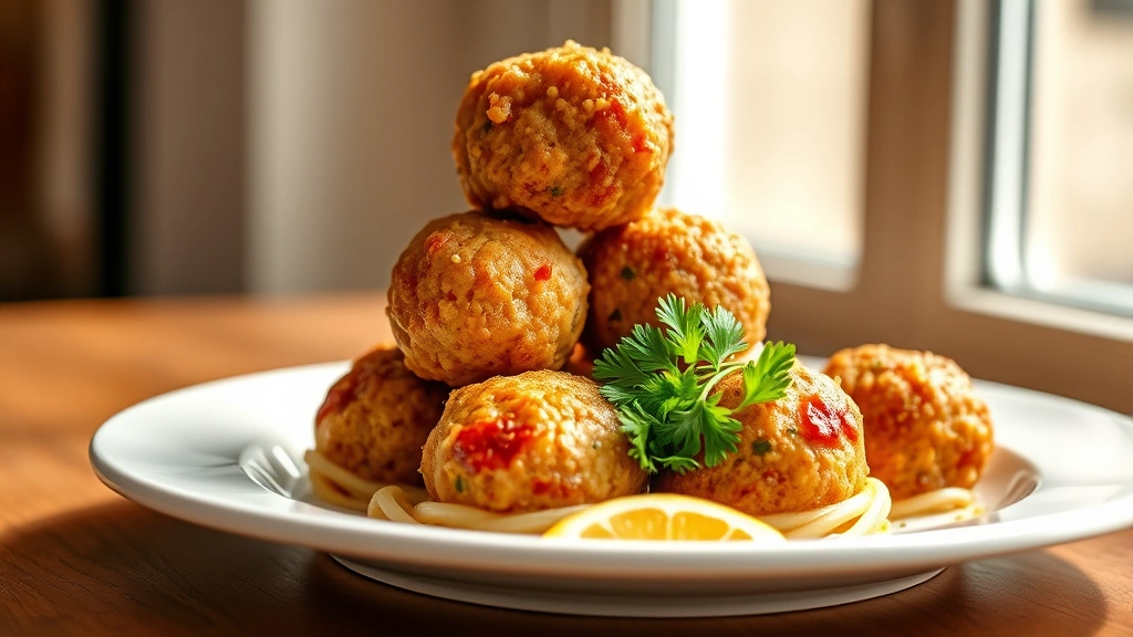 hero: golden-brown meatballs stacked on white plate with fresh parsley garnish, warm natural window light, soft shadows, no text visible