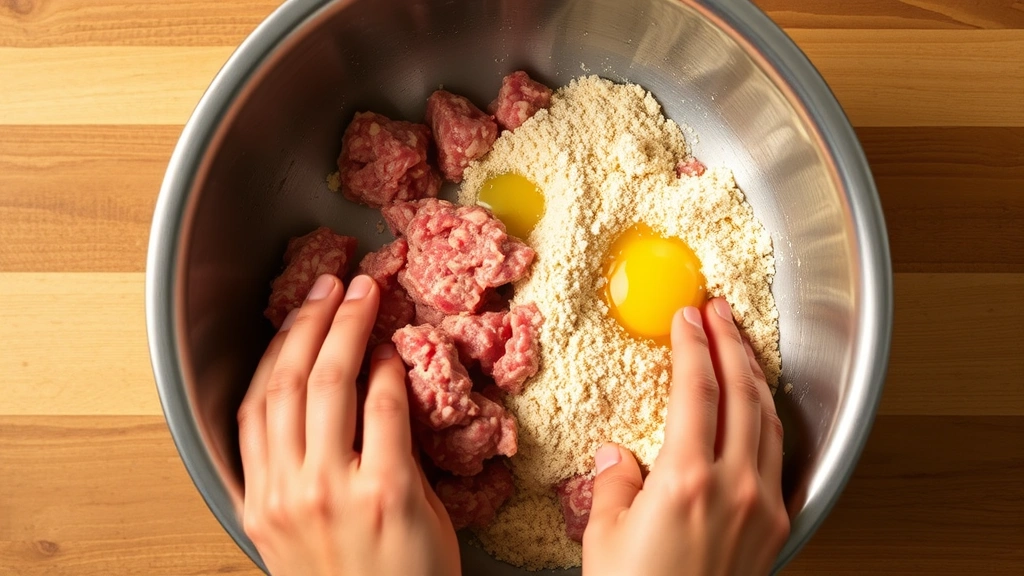 process: hands gently mixing raw meat with egg and breadcrumb binder in stainless steel bowl, overhead shot, warm kitchen lighting, no text