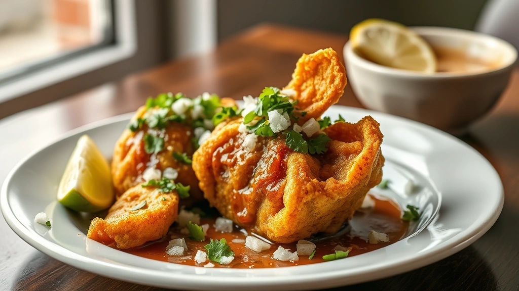 hero: birria bomb appetizer on white plate, golden crispy exterior, diced white onion cilantro garnish, small bowl consomé nearby, lime wedge, photorealistic, natural window light, styled table setting, no text