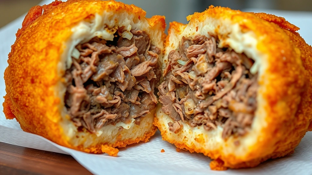 detail: close-up cross-section of fried birria bomb showing crispy exterior and tender shredded beef interior, steam visible, sitting on paper towel, photorealistic, macro photography, natural light, no text